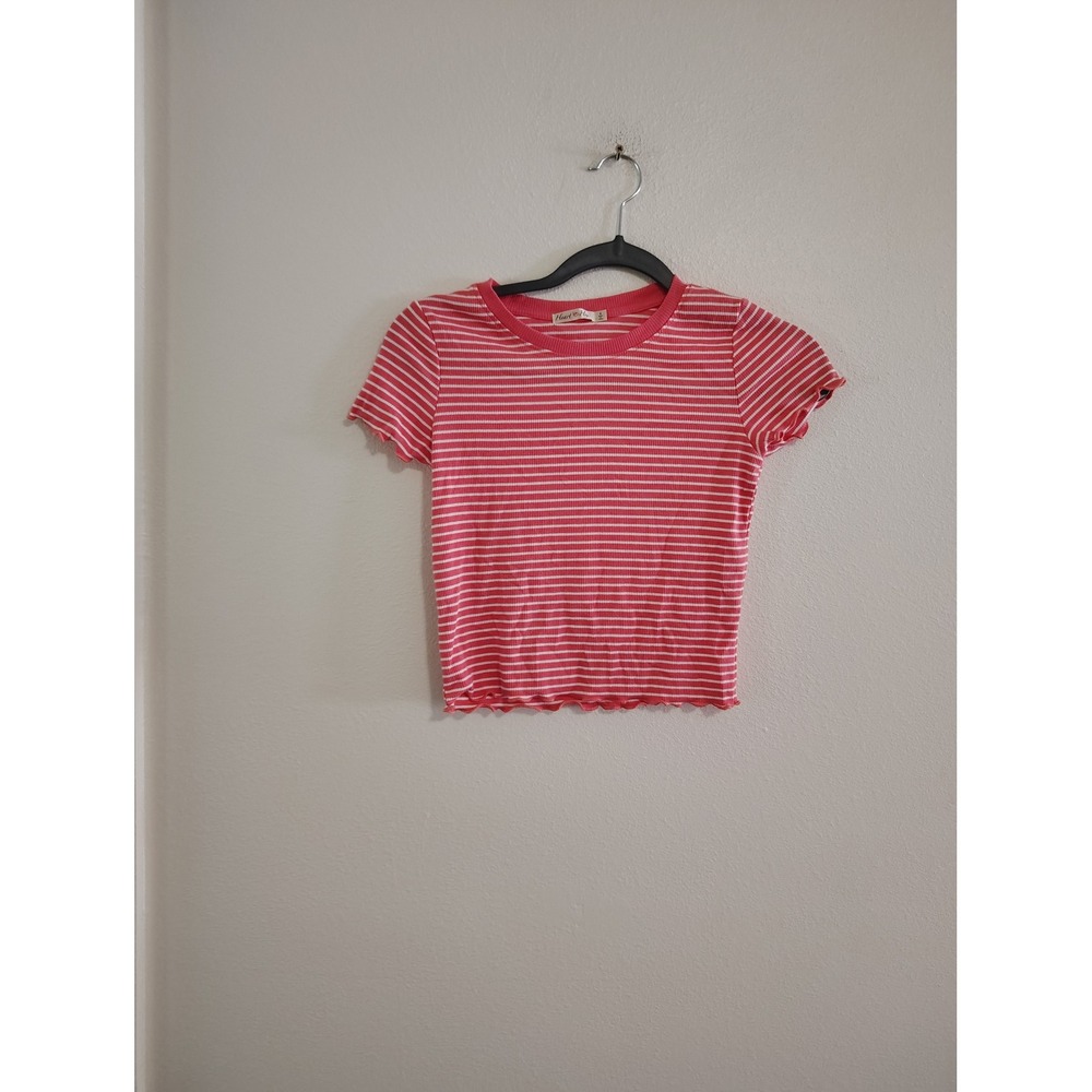 Heart &‎ Hips Womens Pink White Striped Ribbed Lettuce Edge Crop Top Small